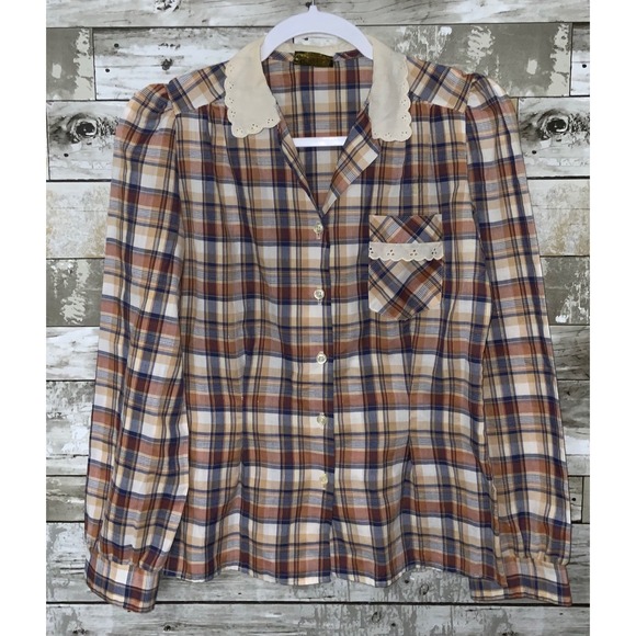 Underground S.F Tops - Vintage Underground S.F Womens Brown Plaid‎ Button Front Blouse Size Medium